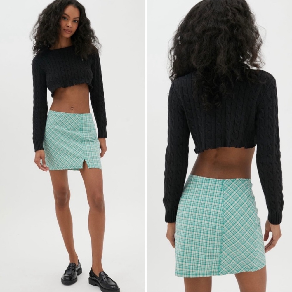 UO Krista Plaid Notched Mini Skirt Green Seersucker Straight Urban Outfitters